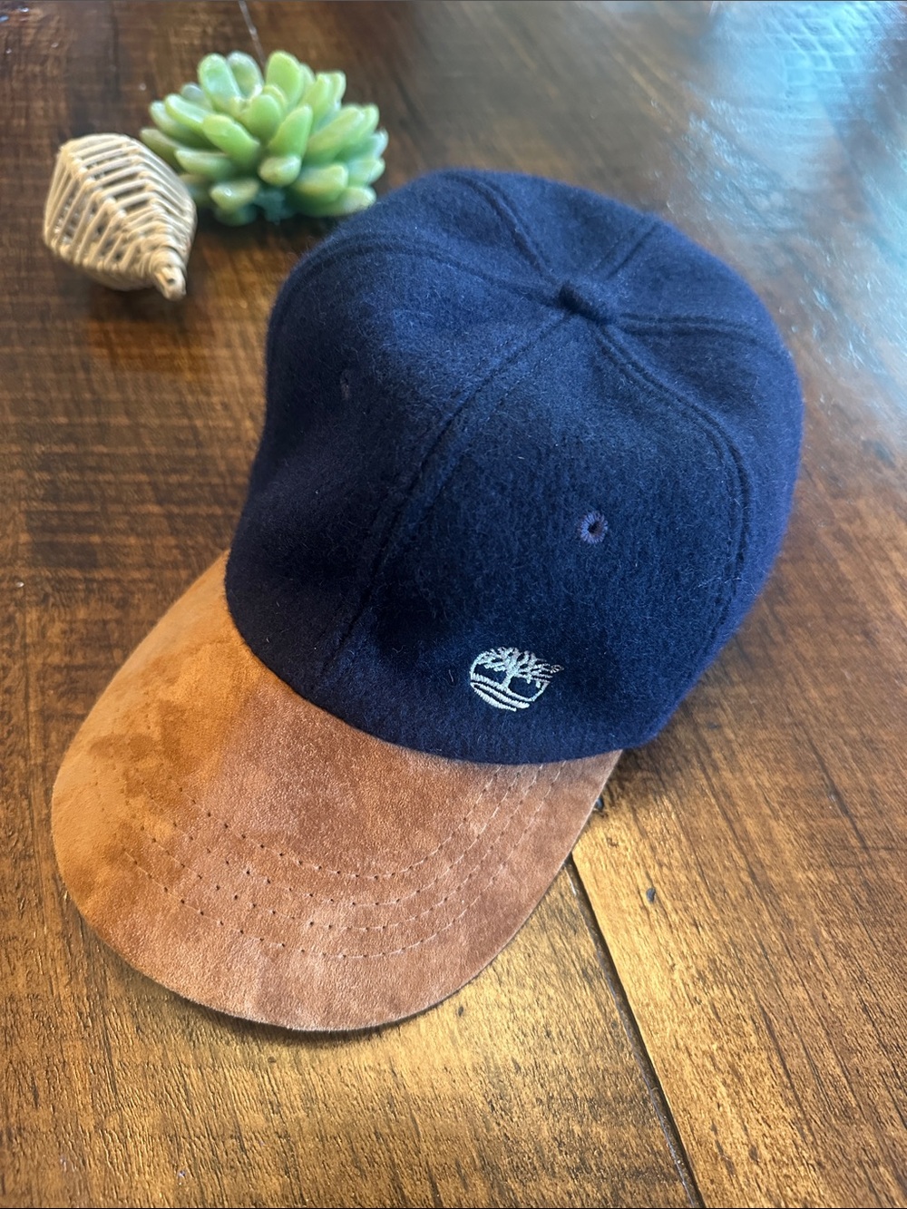 Timberland | VTG Navy Wool Blend & Brown Suede Strapback Hat Cap Made in USA